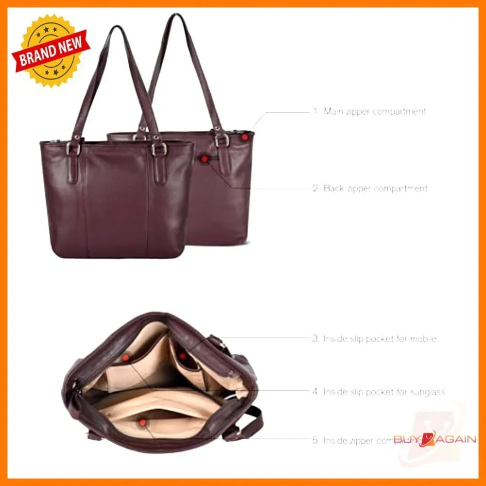 Genuine Leather Tote Bag for Women, Adjustable Strap, Multiple Pockets, Work